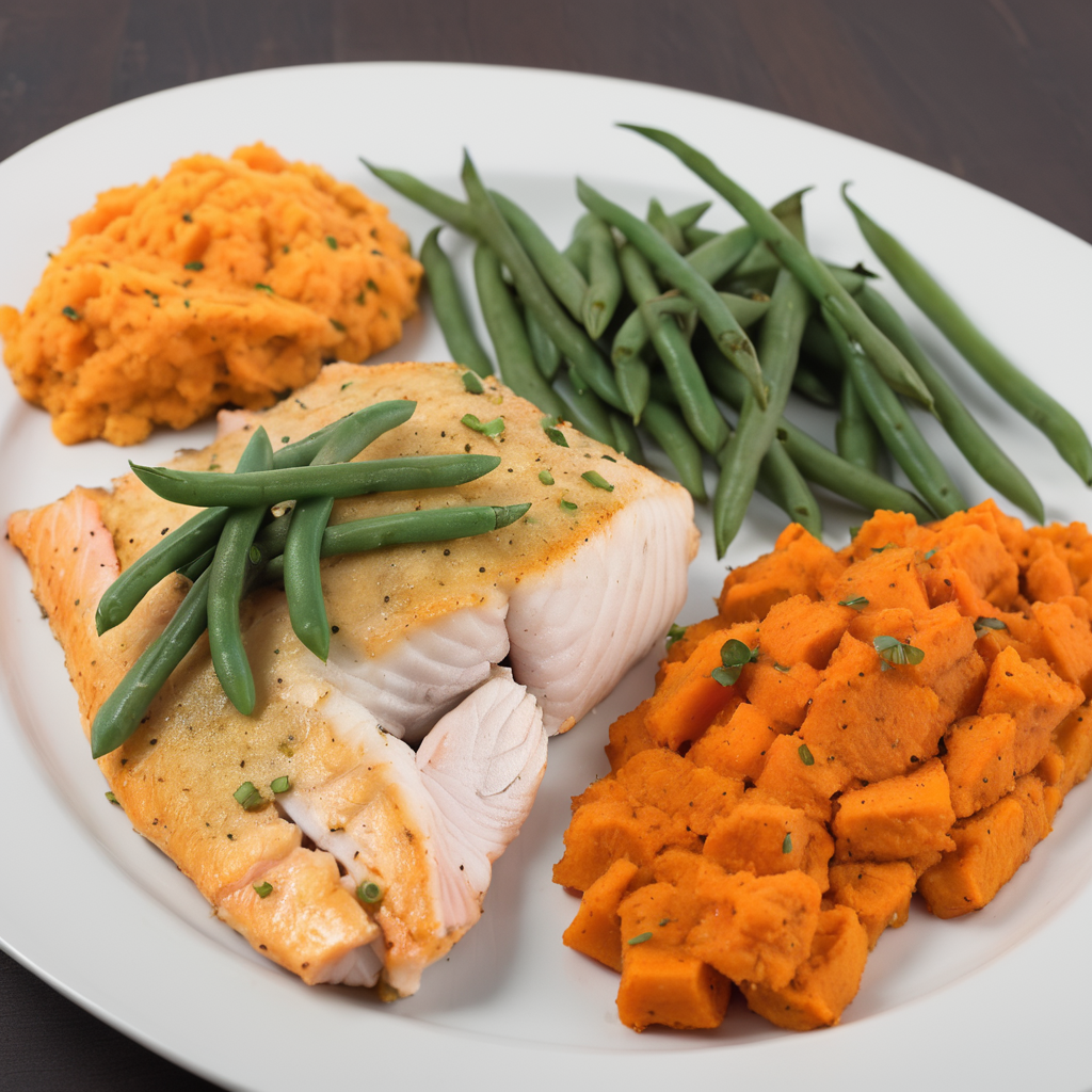 filet de poisson au four au citron, purée de patates douces et haricots verts vapeur.
