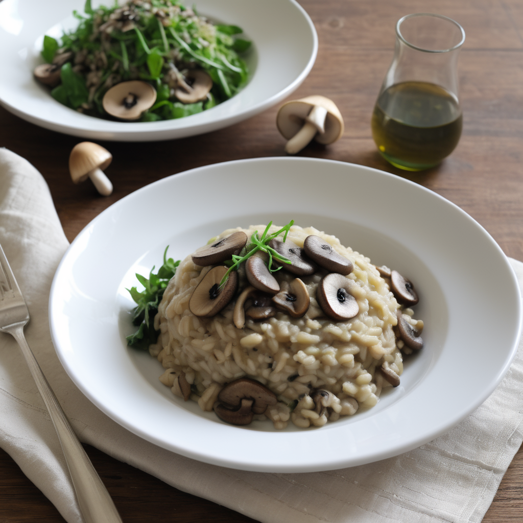 un risotto aux champignons crémeux, accompagné d’une salade verte légère et croquante.